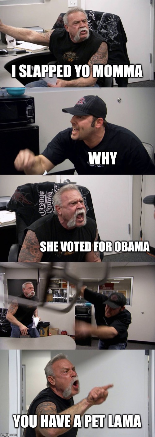 American Chopper Argument | I SLAPPED YO MOMMA; WHY; SHE VOTED FOR OBAMA; YOU HAVE A PET LAMA | image tagged in memes,american chopper argument | made w/ Imgflip meme maker