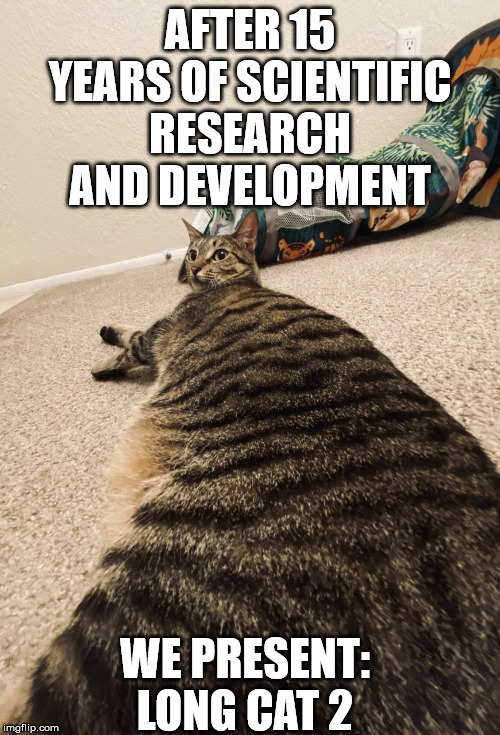 long cat 2 | AFTER 15 YEARS OF SCIENTIFIC RESEARCH AND DEVELOPMENT; WE PRESENT: LONG CAT 2 | image tagged in long cat 2 | made w/ Imgflip meme maker