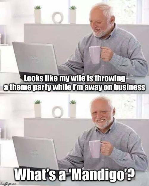 Hide the Pain Harold Meme | Looks like my wife is throwing a theme party while I’m away on business What’s a ‘Mandigo’? | image tagged in memes,hide the pain harold | made w/ Imgflip meme maker