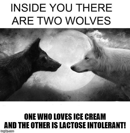 Inside you there are two wolves | ONE WHO LOVES ICE CREAM
AND THE OTHER IS LACTOSE INTOLERANT! | image tagged in inside you there are two wolves,two wolves,ice cream truck,lactose intolerant | made w/ Imgflip meme maker