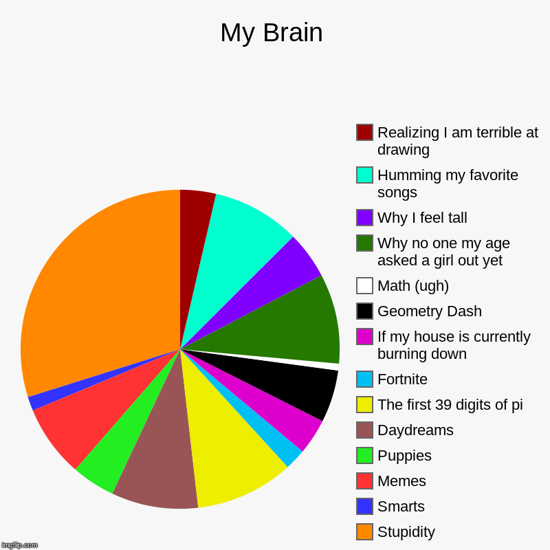 My Brain | Stupidity, Smarts, Memes, Puppies, Daydreams, The first 39 digits of pi, Fortnite, If my house is currently burning down, Geometr | image tagged in charts,pie charts | made w/ Imgflip chart maker