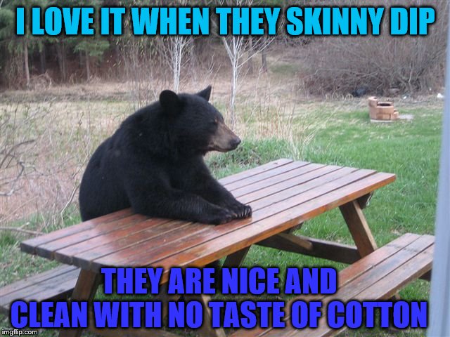 Patient Bear |  I LOVE IT WHEN THEY SKINNY DIP; THEY ARE NICE AND CLEAN WITH NO TASTE OF COTTON | image tagged in patient bear,meme,funny meme | made w/ Imgflip meme maker