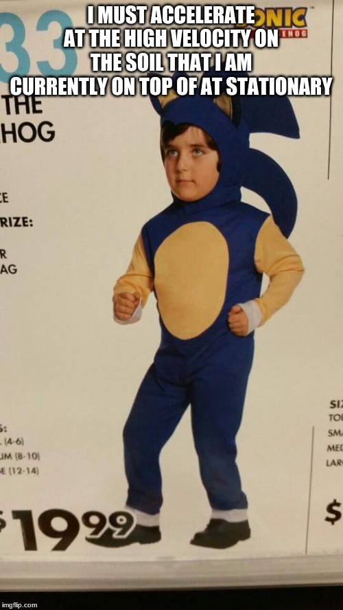 Sanic kid | I MUST ACCELERATE AT THE HIGH VELOCITY ON THE SOIL THAT I AM CURRENTLY ON TOP OF AT STATIONARY | image tagged in sanic kid | made w/ Imgflip meme maker