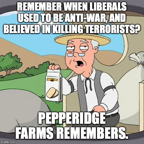 Hypocrisy is the defining trait of every liberal. It has to be, or they would vote the hypocrites out of office. | REMEMBER WHEN LIBERALS USED TO BE ANTI-WAR, AND BELIEVED IN KILLING TERRORISTS? PEPPERIDGE FARMS REMEMBERS. | image tagged in 2019,isis,terrorists,president trump,liberals,liars | made w/ Imgflip meme maker