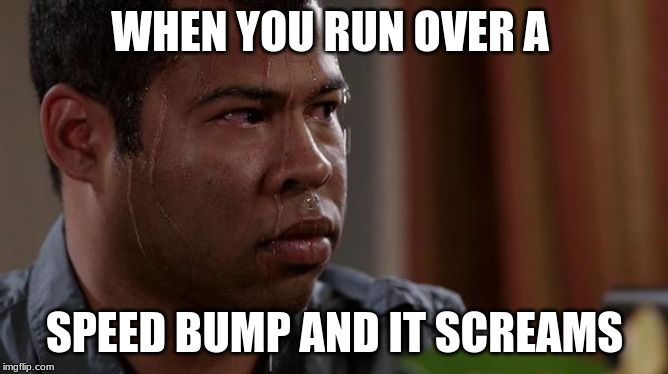 sweating bullets | WHEN YOU RUN OVER A; SPEED BUMP AND IT SCREAMS | image tagged in sweating bullets | made w/ Imgflip meme maker