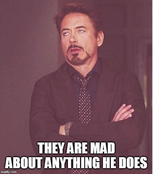 Face You Make Robert Downey Jr Meme | THEY ARE MAD ABOUT ANYTHING HE DOES | image tagged in memes,face you make robert downey jr | made w/ Imgflip meme maker