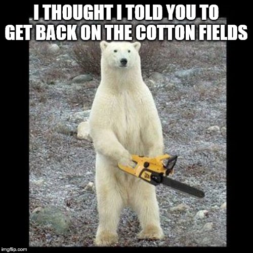 Chainsaw Bear Meme | I THOUGHT I TOLD YOU TO GET BACK ON THE COTTON FIELDS | image tagged in memes,chainsaw bear | made w/ Imgflip meme maker