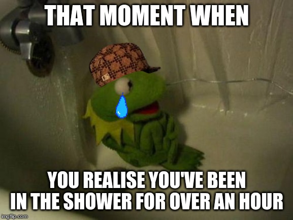 Depressed Kermit | THAT MOMENT WHEN; YOU REALISE YOU'VE BEEN IN THE SHOWER FOR OVER AN HOUR | image tagged in depressed kermit | made w/ Imgflip meme maker