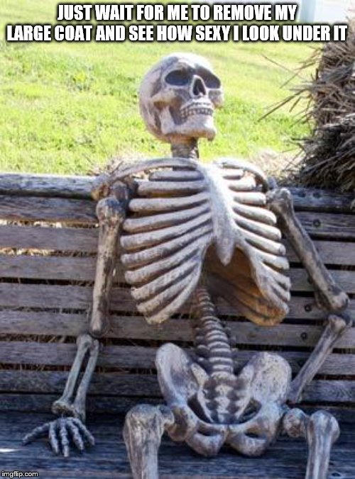 Waiting Skeleton Meme | JUST WAIT FOR ME TO REMOVE MY LARGE COAT AND SEE HOW SEXY I LOOK UNDER IT | image tagged in memes,waiting skeleton | made w/ Imgflip meme maker