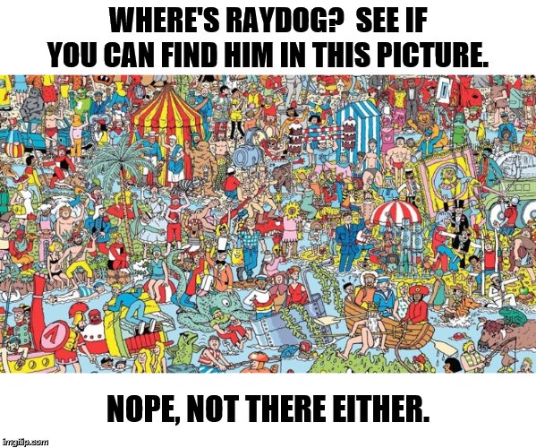 Raydog hasn't been around for a while. | WHERE'S RAYDOG?  SEE IF YOU CAN FIND HIM IN THIS PICTURE. NOPE, NOT THERE EITHER. | image tagged in where's waldo,raydog,missing | made w/ Imgflip meme maker