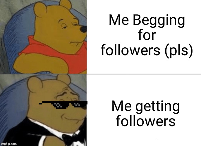 Tuxedo Winnie The Pooh Meme | Me Begging for followers (pls); Me getting followers | image tagged in memes,tuxedo winnie the pooh | made w/ Imgflip meme maker