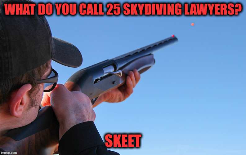 Aim true | WHAT DO YOU CALL 25 SKYDIVING LAWYERS? SKEET | image tagged in lawyers,suck | made w/ Imgflip meme maker