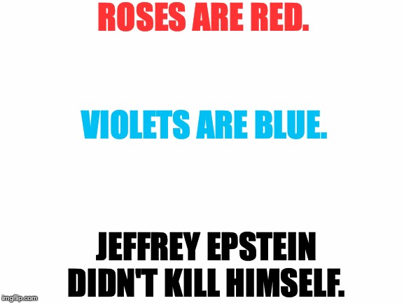 Just a daily reminder! | ROSES ARE RED. VIOLETS ARE BLUE. JEFFREY EPSTEIN DIDN'T KILL HIMSELF. | image tagged in memes,funny,dank memes,roses are red,jeffrey epstein,politics | made w/ Imgflip meme maker