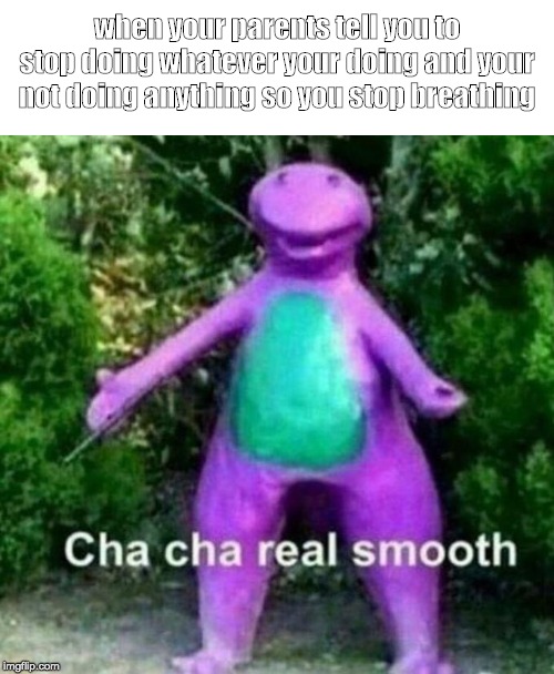 cha cha real smooth | when your parents tell you to stop doing whatever your doing and your not doing anything so you stop breathing | image tagged in cha cha real smooth | made w/ Imgflip meme maker