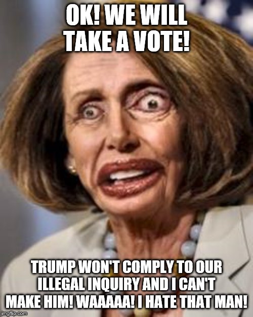 Because the inquiry was not LEGAL!  Now it is tainted by leaks and defamation! HA! | OK! WE WILL TAKE A VOTE! TRUMP WON'T COMPLY TO OUR ILLEGAL INQUIRY AND I CAN'T MAKE HIM! WAAAAA! I HATE THAT MAN! | image tagged in pelosi dead,memes,politics,funny | made w/ Imgflip meme maker