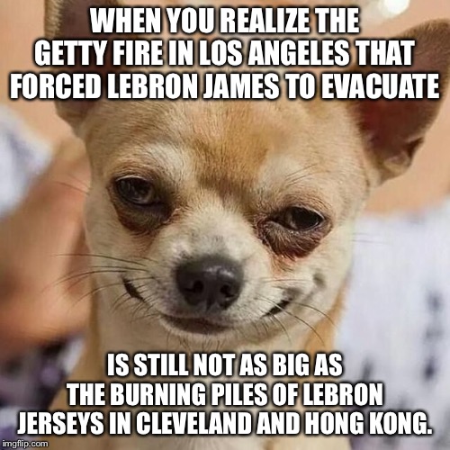 Yeah, I went there. | WHEN YOU REALIZE THE GETTY FIRE IN LOS ANGELES THAT FORCED LEBRON JAMES TO EVACUATE; IS STILL NOT AS BIG AS THE BURNING PILES OF LEBRON JERSEYS IN CLEVELAND AND HONG KONG. | image tagged in smirking dog,memes,lebron james,fire,hong kong,protest | made w/ Imgflip meme maker