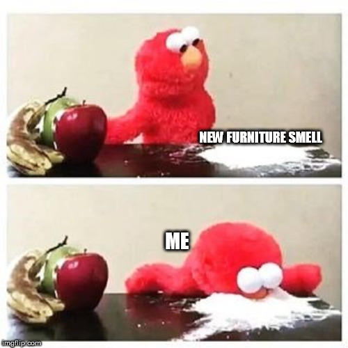 Also shoes and clothes | NEW FURNITURE SMELL; ME | image tagged in elmo cocaine,furniture,smell | made w/ Imgflip meme maker