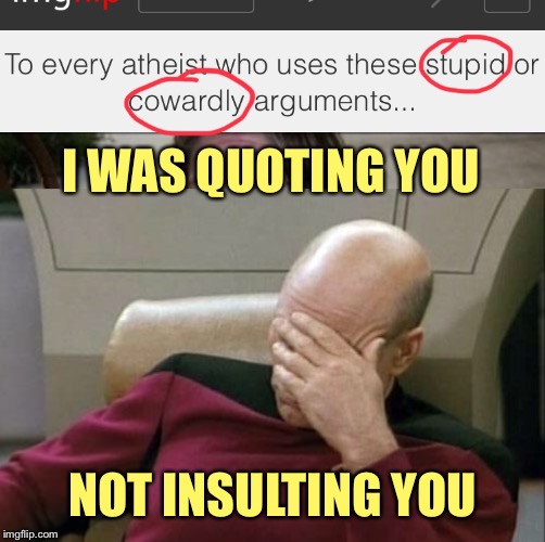 I WAS QUOTING YOU NOT INSULTING YOU | image tagged in memes,captain picard facepalm | made w/ Imgflip meme maker