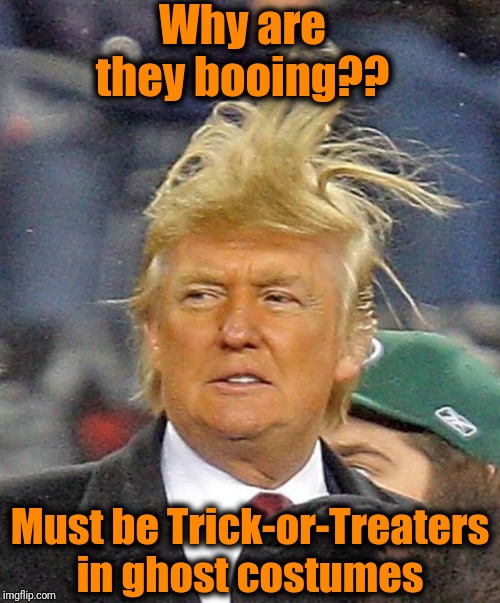 Donald Trumph hair | Why are they booing?? Must be Trick-or-Treaters in ghost costumes | image tagged in donald trumph hair | made w/ Imgflip meme maker