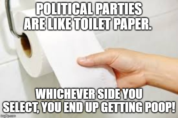 toilet paper | POLITICAL PARTIES ARE LIKE TOILET PAPER. WHICHEVER SIDE YOU SELECT, YOU END UP GETTING POOP! | image tagged in political meme | made w/ Imgflip meme maker
