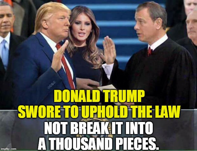 Trump never understood that. | DONALD TRUMP SWORE TO UPHOLD THE LAW; NOT BREAK IT INTO A THOUSAND PIECES. | image tagged in trump oath of office inauguration,trump,law,lawbreaker | made w/ Imgflip meme maker