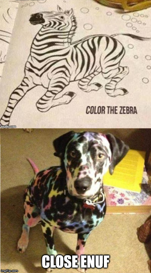 Close ... | CLOSE ENUF | image tagged in zebra,dalmation,color,coloring,dog,horse | made w/ Imgflip meme maker