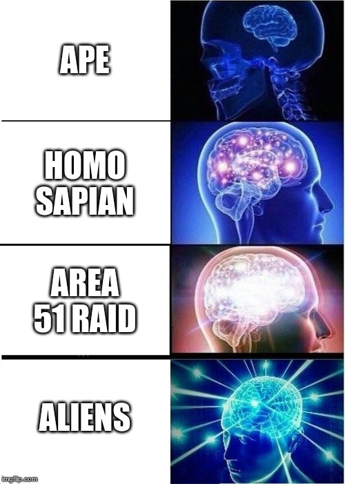 Expanding Brain Meme | APE; HOMO SAPIAN; AREA 51 RAID; ALIENS | image tagged in memes,expanding brain | made w/ Imgflip meme maker