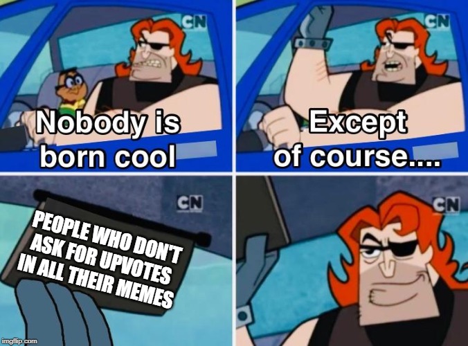 Nobody is born cool | PEOPLE WHO DON'T ASK FOR UPVOTES IN ALL THEIR MEMES | image tagged in nobody is born cool | made w/ Imgflip meme maker
