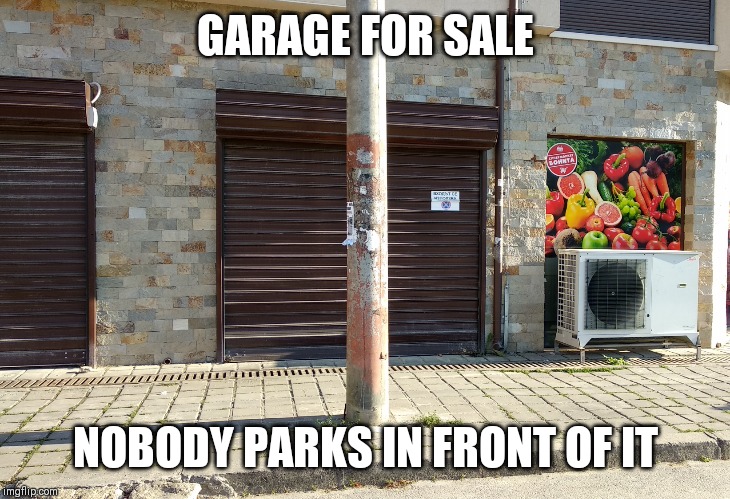 Selling The Garage | GARAGE FOR SALE; NOBODY PARKS IN FRONT OF IT | image tagged in selling the garage | made w/ Imgflip meme maker