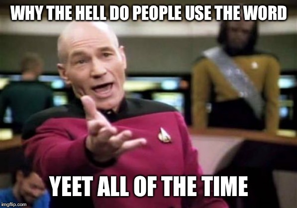 Picard Wtf Meme | WHY THE HELL DO PEOPLE USE THE WORD; YEET ALL OF THE TIME | image tagged in memes,picard wtf | made w/ Imgflip meme maker