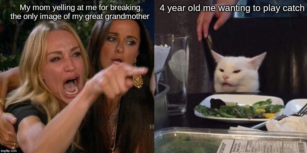 Woman yelling at cat | 4 year old me wanting to play catch; My mom yelling at me for breaking the only image of my great grandmother | image tagged in woman yelling at cat | made w/ Imgflip meme maker
