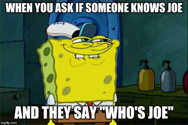 Don't You Squidward | WHEN YOU ASK IF SOMEONE KNOWS JOE; AND THEY SAY "WHO'S JOE" | image tagged in memes,dont you squidward | made w/ Imgflip meme maker