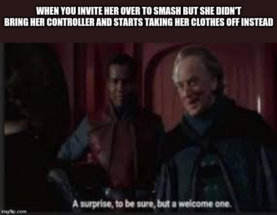 A surprise to be sure | WHEN YOU INVITE HER OVER TO SMASH BUT SHE DIDN'T BRING HER CONTROLLER AND STARTS TAKING HER CLOTHES OFF INSTEAD | image tagged in a surprise to be sure | made w/ Imgflip meme maker