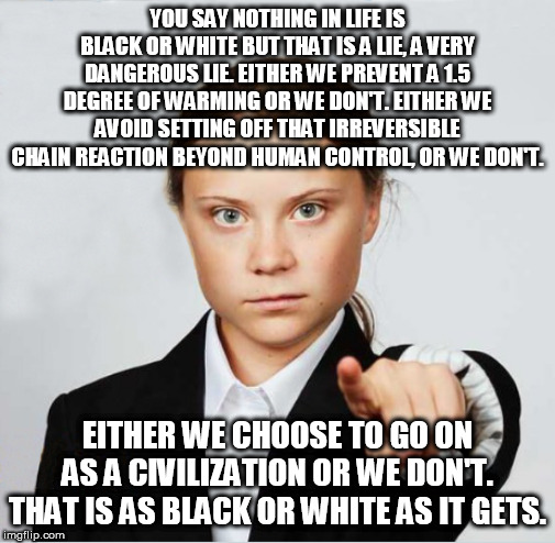 Greta | YOU SAY NOTHING IN LIFE IS BLACK OR WHITE BUT THAT IS A LIE, A VERY DANGEROUS LIE. EITHER WE PREVENT A 1.5 DEGREE OF WARMING OR WE DON'T. EITHER WE AVOID SETTING OFF THAT IRREVERSIBLE CHAIN REACTION BEYOND HUMAN CONTROL, OR WE DON'T. EITHER WE CHOOSE TO GO ON AS A CIVILIZATION OR WE DON'T. THAT IS AS BLACK OR WHITE AS IT GETS. | image tagged in greta | made w/ Imgflip meme maker