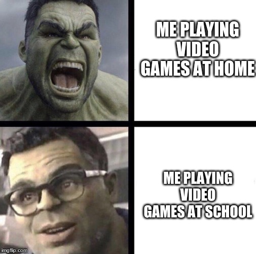 Professor Hulk | ME PLAYING VIDEO GAMES AT HOME; ME PLAYING VIDEO GAMES AT SCHOOL | image tagged in professor hulk | made w/ Imgflip meme maker