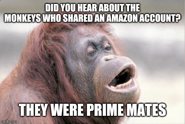 Monkey OOH Meme | DID YOU HEAR ABOUT THE MONKEYS WHO SHARED AN AMAZON ACCOUNT? THEY WERE PRIME MATES | image tagged in memes,monkey ooh | made w/ Imgflip meme maker