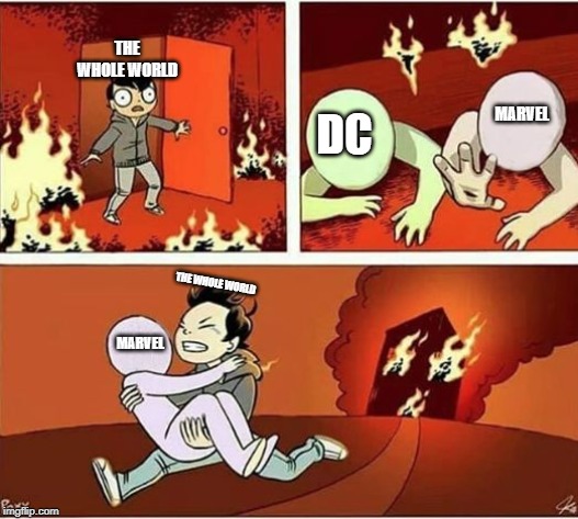 You Can Only Save one From Fire | THE WHOLE WORLD; MARVEL; DC; THE WHOLE WORLD; MARVEL | image tagged in you can only save one from fire | made w/ Imgflip meme maker