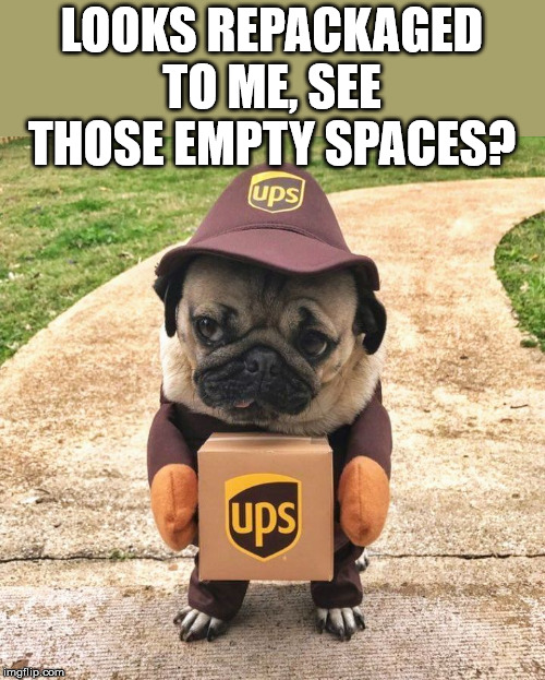 Pug package | LOOKS REPACKAGED TO ME, SEE THOSE EMPTY SPACES? | image tagged in pug package | made w/ Imgflip meme maker