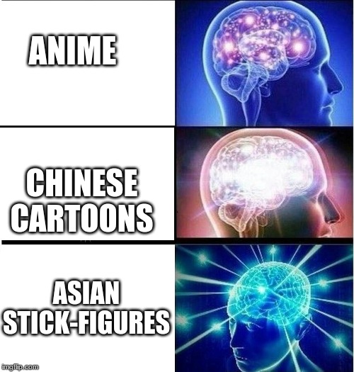 Expanding brain 3 panels | ANIME; CHINESE CARTOONS; ASIAN STICK-FIGURES | image tagged in expanding brain 3 panels | made w/ Imgflip meme maker