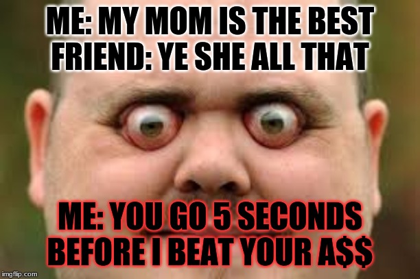 Your friends | ME: MY MOM IS THE BEST
FRIEND: YE SHE ALL THAT; ME: YOU GO 5 SECONDS BEFORE I BEAT YOUR A$$ | image tagged in this is sparta | made w/ Imgflip meme maker