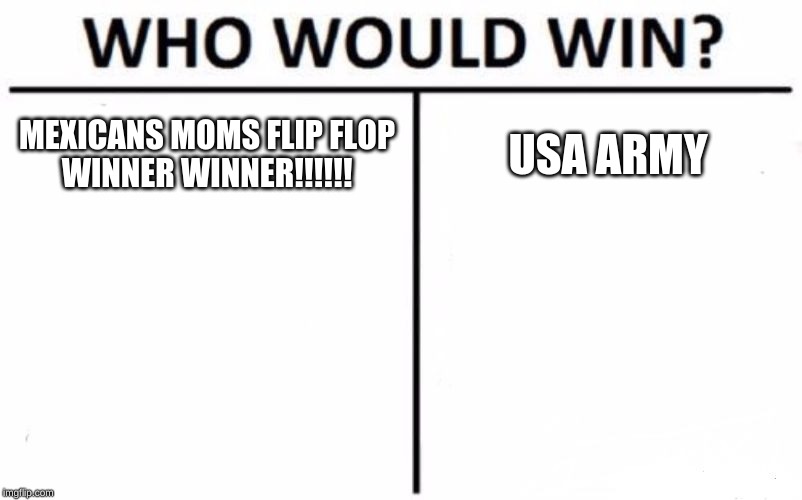 Who Would Win? | MEXICANS MOMS FLIP FLOP


WINNER WINNER!!!!!! USA ARMY | image tagged in memes,who would win | made w/ Imgflip meme maker