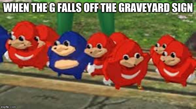 WHEN THE G FALLS OFF THE GRAVEYARD SIGN | image tagged in ugandan knuckles | made w/ Imgflip meme maker