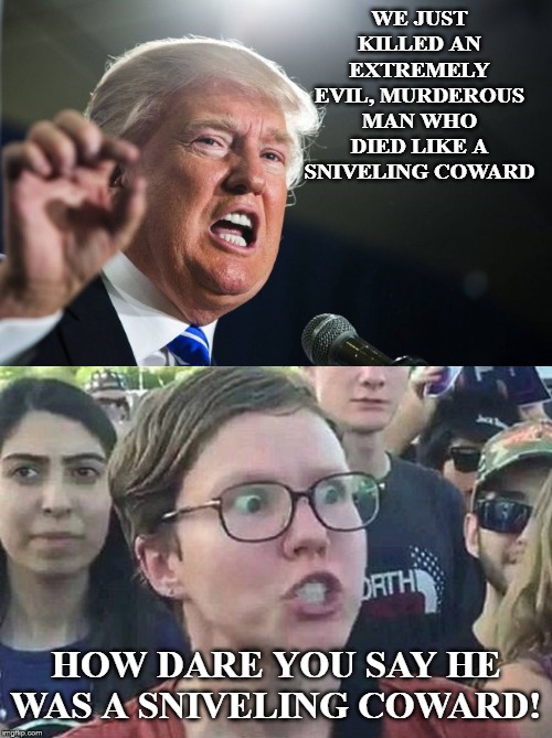 We know where the left stands and it isn't with America. | WE JUST KILLED AN EXTREMELY EVIL, MURDEROUS MAN WHO DIED LIKE A SNIVELING COWARD; HOW DARE YOU SAY HE WAS A SNIVELING COWARD! | image tagged in donald trump,meme angry woman,leftists,democrats | made w/ Imgflip meme maker