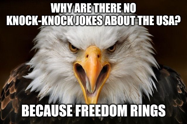 Freedom Rings | WHY ARE THERE NO KNOCK-KNOCK JOKES ABOUT THE USA? BECAUSE FREEDOM RINGS | image tagged in eagle face,freedom in murica,freedom,usa | made w/ Imgflip meme maker