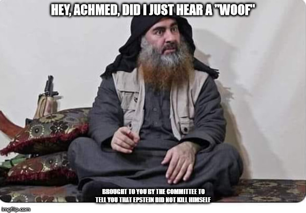 Woof | HEY, ACHMED, DID I JUST HEAR A "WOOF"; BROUGHT TO YOU BY THE COMMITTEE TO TELL YOU THAT EPSTEIN DID NOT KILL HIMSELF | image tagged in woof | made w/ Imgflip meme maker