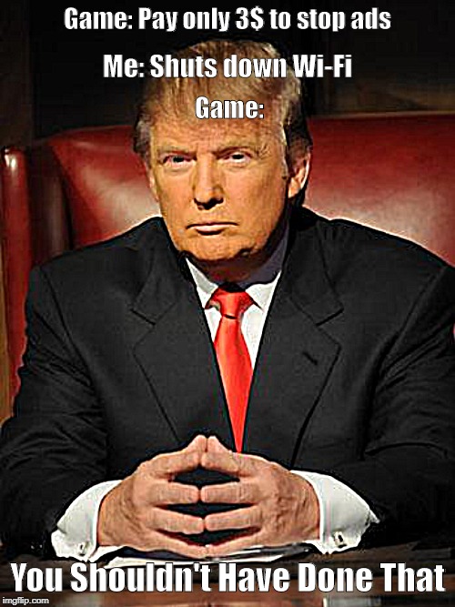 Serious Trump | Game: Pay only 3$ to stop ads; Me: Shuts down Wi-Fi; Game:; You Shouldn't Have Done That | image tagged in serious trump | made w/ Imgflip meme maker