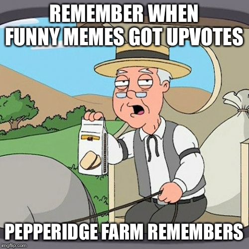 Pepperidge Farm Remembers Meme | REMEMBER WHEN FUNNY MEMES GOT UPVOTES; PEPPERIDGE FARM REMEMBERS | image tagged in memes,pepperidge farm remembers | made w/ Imgflip meme maker