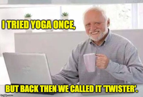 Harold | I TRIED YOGA ONCE, BUT BACK THEN WE CALLED IT 'TWISTER'. | image tagged in harold | made w/ Imgflip meme maker