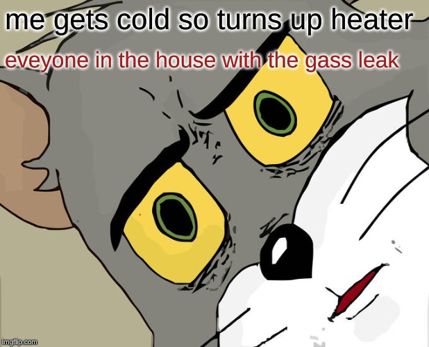 Unsettled Tom Meme | me gets cold so turns up heater; everyone in the house with the gas leak | image tagged in memes,unsettled tom | made w/ Imgflip meme maker