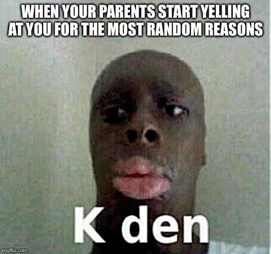K den | WHEN YOUR PARENTS START YELLING AT YOU FOR THE MOST RANDOM REASONS | image tagged in memes,funny,funny memes | made w/ Imgflip meme maker